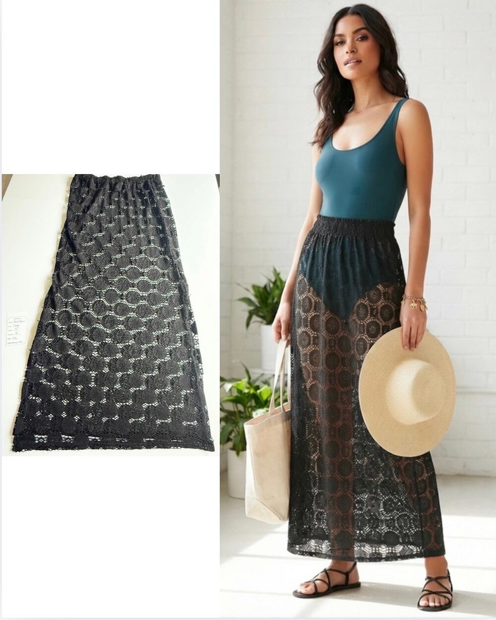 Blue Island Black Crochet Lace Maxi Swim Cover-Up Skirt | Large